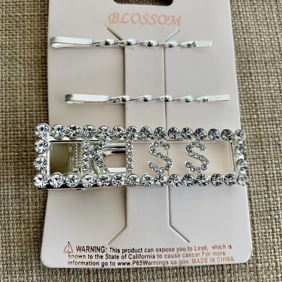 Hair clips fashion pins Rhinestone Silver Deco Hair Clips "KISS" set of 3 PCS - Picture 1 of 6